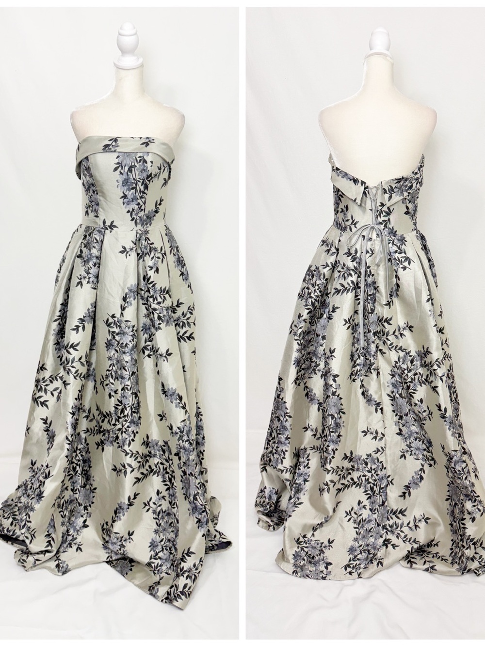 Strapless Floral Jacquard Ball Gown in Silver and blue with corset
